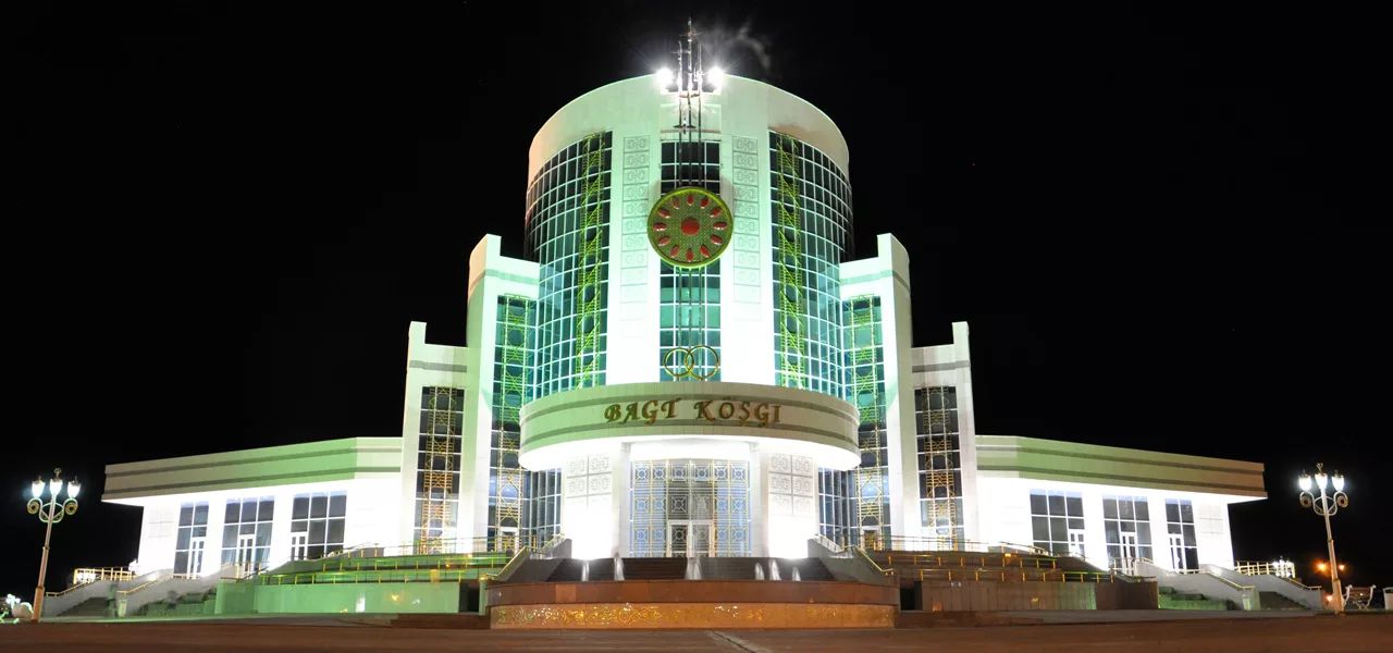 Bagt Koshgi Wedding Palace night view, Ashgabat white marble architecture tour Turkmenistan